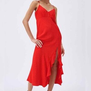 Zara Red Jacquard Dotted Slip Dress